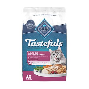 15-Pound Blue Buffalo Tastefuls Chicken & Brown Rice Hairball Control Adult Dry Cat Food $25.84 w/ Subscribe & Save