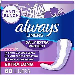 [SnS, AC] $5.34* | 60-Count Always Daily Extra Protect Liners (Scented, Extra Long Length) at Amazon