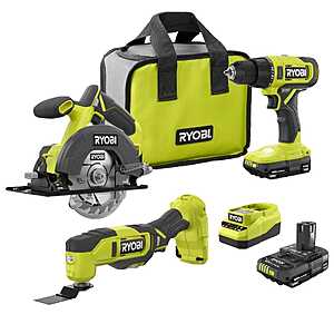 RYOBI ONE 18V Cordless 2 Tool Combo Kit w/ Drill/Driver, Circular Saw, Multi Tool, 2 1.5 Ah Batteries, & Charger $136