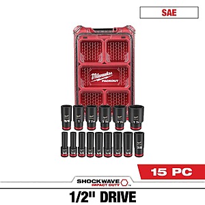Milwaukee SHOCKWAVE Impact-Duty 1/2 in. Drive SAE Deep Well Impact PACKOUT Socket Set (15-Piece) $104