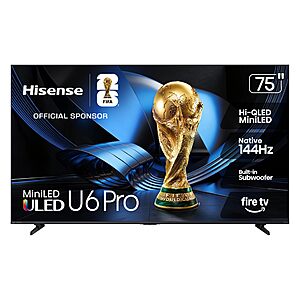 Hisense 75" U6 Pro Series Mini‑LED ULED 4K 144Hz UHD HDR Gaming AI Smart Fire TV (75U6SF Pro, 2026 New) $798.99
