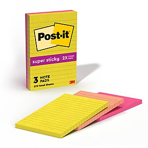$5: Post-it Super Sticky Notes, 4 x 6 in, Summer Joy, 3 Lined Pads at Amazon