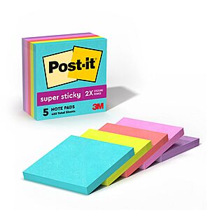 $3.20: Post-it Super Sticky Notes, 5 Pads, 3 x 3 in, Supernova Neons(90 sheets per pad) at Amazon