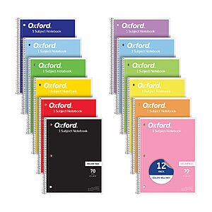 $13.27: Oxford 12-Pack Spiral Notebooks, 1 Subject, College Ruled, 8" x 10.5", 70 Sheets, Assorted Colors at Amazon