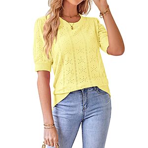 GRACE KARIN Women's Puff Short Sleeve Crew Neck Knit Tops Bright Yellow L $7.99