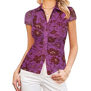 GRACE KARIN Women Mesh Boho Tops Dressy Casual Blouses Purple Floral M $9.99