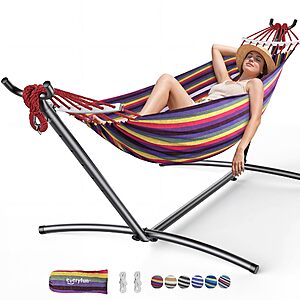 Everyfun Double Hammock with Stand for 2 Person, 600 lbs Heavy Duty Cotton Bed with Steel Stand, Free Standing for Outdoor Indoor Patio, Carrying Bag Included $49.5