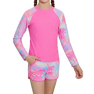 Alakuoti Girls Rash Guard Swimsuit Two Piece Bathing Suit UPF 50+ Sun Protection Long Sleeve Swimwear Size 8 Pink Palm Tree $9.99