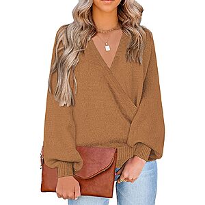 LookbookStore Sweater for Women 2026 Classy Old Money Outfits for Women Surplice V Neck Pullover Sweater Top Size Medium Size 8 10 $21.99