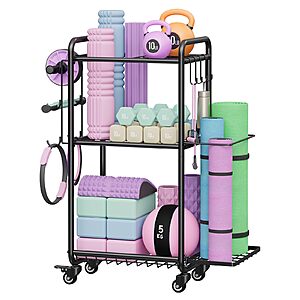 Multi-Functional Home Gym Storage Rack with Wheels and Hooks (Black) $29.89