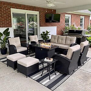 LayinSun 10 Pieces Outdoor Patio Furniture Set with Fire Pit Table, Rattan Wicker Sectional Swivel Rocker Chairs Sets $1317.49
