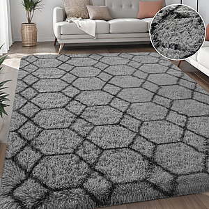Nefoso Shag Geometric Area Rug, 8ft x 10ft Soft Fluffy Area Rugs for Living Room Bedroom Decor Carpet, Gray & Black $38.89