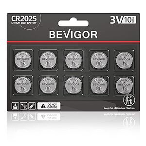 BEVIGOR 2025 Battery Compatible with AirTag CR2025 Lithium 3V Coin Battery 10pcs (CR2025-10P) $2.99