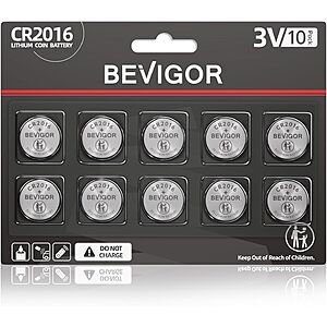 BEVIGOR CR2016 Lithium 3V Coin Battery (CR2016-10P) $2.99