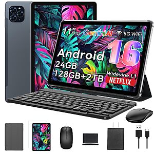 Tablet 2026 Android 16 Tablet with Gemini AI 3.5, 11 Inch FHD Display, 24GB RAM 128GB ROM/2TB TF, T7250 CPU + 13MP Camera, 8000mAh, Widevine L1, Tablet with Keyboard, Mouse $132.99