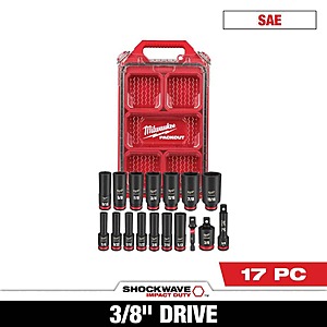 Milwaukee SHOCKWAVE Impact-Duty 3/8 in. Drive SAE Deep Well Impact PACKOUT Socket Set (17-Piece), $75.80, FS, Home Depot