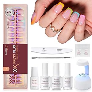 224-Piece Beetles Fruity French Short Square Press-On Nails Kit w/ Mini UV Light, Nail Glue, Top Coat, Cuticle Oil & More $12.00 or less w/ S&S + Free Shipping w/ Prime or on $35+