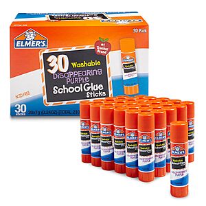 Elmer's Disappearing Purple School Glue Sticks, Washable, 7 Grams, 30 Count - Posters, Back to School, Bulk Pack for Classrooms, #1 Teacher Brand $7.49