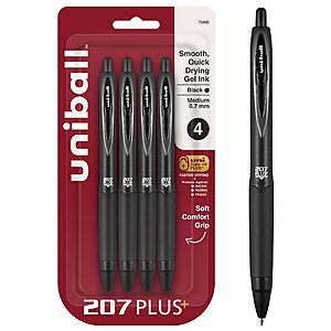 uniball™ 207 Plus+ Gel Pens, Black Ink, 0.7mm Medium Point, 4 Count | Retractable, Faster-Drying, Smooth Writing, Smear-Resistant, uni Super Ink™~$4.04 @ Amazon