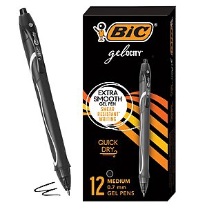 BIC Gelocity Quick Dry Black Gel Pens, Medium Point (0.7 mm) with Full Grip, 12-Count Pack in Black~$9.15 @ Amazon
