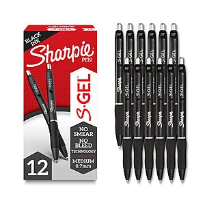 Sharpie S-Gel Gel Pens, Black Barrel, Medium Point (0.7mm), Black Gel Ink, 12 Count - Home, Office, School~$9.49 With S&S @ Amazon