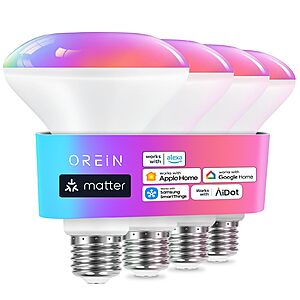 OREiN Matter BR30 Smart Light Bulbs, 60W 650lm RGBTW Color Changing, 4 Pack $12.99