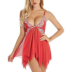ADOREJOY Lingerie for Women Lace Babydoll Set Front Closure Chemise Nightwear (red,L)