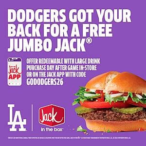 Select CA Jack In The Box Locations: A Free Jumbo Jack w/ A Large Drink Purchase + Free Pickup