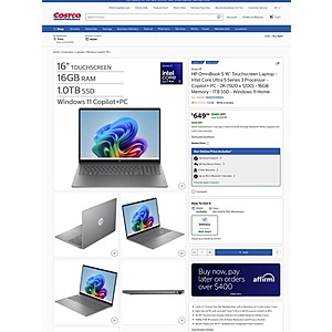 Costco Members - HP OmniBook 5 16" Touchscreen Laptop - Intel Core Ultra 5 Series 3 Processor - Copilot+ PC - 2K (1920 x 1200) - 16GB Memory - 1TB SSD - Windows 11 Home $649.99
