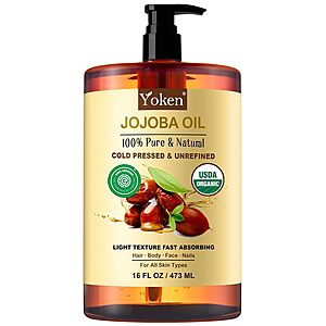 Yoken Organic Jojoba Oil 16oz, USDA Certified Cold Pressed for Skin Care $13.49