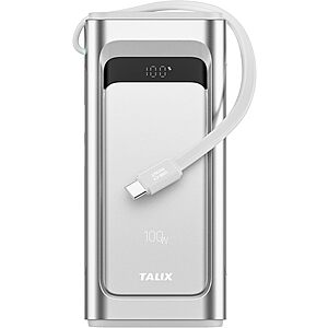 TALIX 100W 10,000mAh Portable Charger Power Bank w/ Built-In USB-C Cable, 3 Ports & Digital Display (Silver) $17.49 + Free Shipping w/ Prime or on $35+