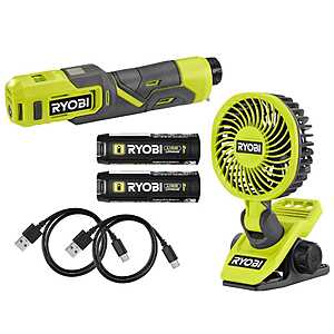 USB Lithium 2-Tool Combo Kit with Clamp Fan, Inflator, (3) 2.0 Ah USB Lithium Batteries, and (2) Charging Cables $59.94