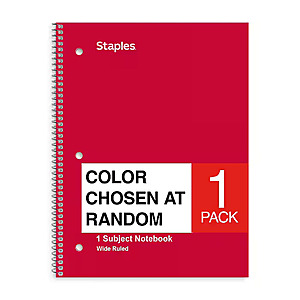 Staples - STAPLES 1‑Subject Notebook, 8” x 10.5”, Wide Ruled, 70 Sheets, Assorted Colors - $0.35