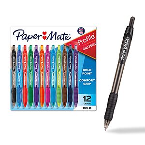 Paper Mate Profile Retractable Ballpoint Pens, Bold Point (1.4mm), Assorted Colors, 12 Count - Back to School, Office, Teacher Supplies~$6.94 With S&S @ Amazon