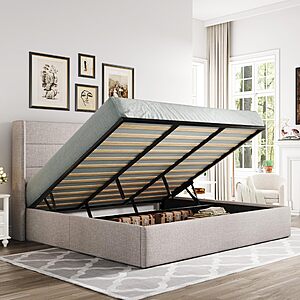 Allewie King Size Lift Up Hydraulic Storage Bed Frame Light Beige $319.97