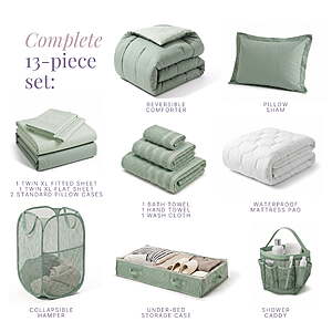 Off To Kollege? $65 FS Walmart by CozyArray: Complete Set:, Twin XL Comforter Sets, Dorm Bedding, Twin Xl Bed In a Bag with All Dorm Accessories , Sage Green