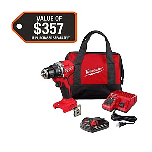 M18 18V Lithium-Ion Brushless Cordless 1/2 in. Compact Drill/Driver with One 2.0 Ah Battery, Charger and Tool Bag $95.25