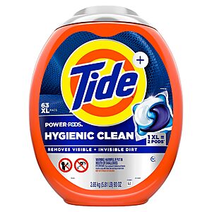 63-Count Tide Hygienic Clean Power PODS Laundry Detergent Pacs (Original Scent) $16.94 w/ S&S + Free Shipping w/ Prime or on $35+