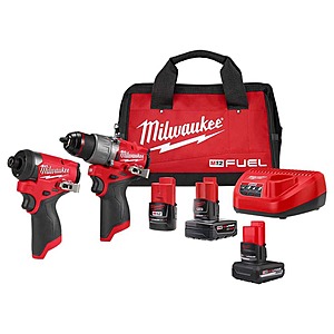 Milwaukee M12 FUEL Hammer Drill and Impact Driver Kit with 5 Ah, 4 Ah and 2 Ah Batteries & Bag (2-Tool) 12-Volt Lithium-Ion Brushless Cordless $229