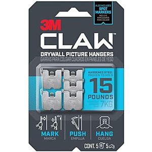 $5.19* | 5-Pk 3M Claw Drywall Picture Hanger w/ Temporary Spot Marker (Up to 15 Lbs) at Amazon