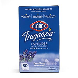 80-Count Clorox Fraganzia Dryer Sheets (Lavender Eucalyptus) $2.30 w/ S&S + Free Shipping w/ Prime or on $35+