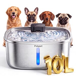 Pokpet 10L Cat Dog Water Fountain, Stainless Wireless Pet Water Bowl $34.99