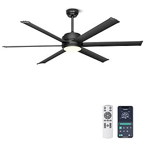Ohniyou 60" Industrial DC Motor Ceiling Fan w/ Dimmable 3CCT Light & Remote/App Control (Black or White) $95.74 + Free Shipping