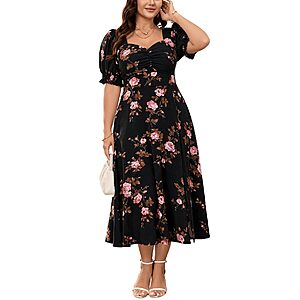 SCOMCHIC Plus Size Summer Dresses for Women Boho Floral Puff Sleeve Sweetheart Neck Ruched Bust Flowy A-Line Sun Midi Dress $14.99