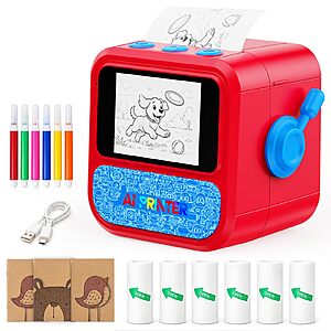 Iyoyo AI Voice Sticker Maker for Kids,Portable Inkless Thermal Image Printer 10 Creative Modes,AI Picture Generator 6 Paper Rolls + Pencils $29.99