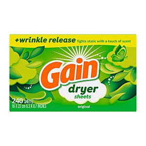 $25.15 or less S&S/Q/MBuy GET $10 Amazon Credit 3x Gain Laundry Dryer Sheets, Fabric Softener Wrinkle Reducing Anti Static Sheets, Original Scent, 240 Countt