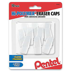 Pentel Hi-Polymer white eraser (latex-free, no smudges & long-lasting) - 10-pk cap erasers $1.47, 3-pk block erasers $1.67 at Walmart + free store pickup