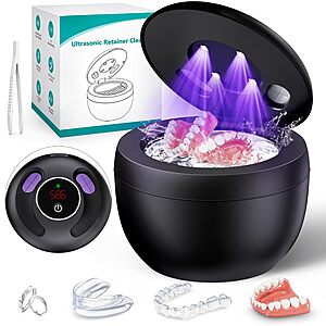 Upgraded Ultrasonic Retainer Cleaner Machine, 45kHz Ultrasonic Dentures Cleaner for Night Guards, Braces, Aligner, Toothbrush, Jewelry and More, 200ML Capacity, Black1 $33.96