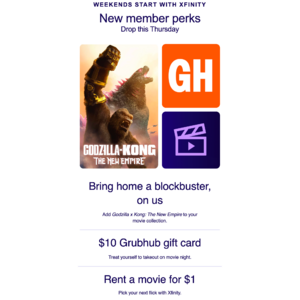 Xfinity Members: Godzilla x Kong for free + $10 Grubhub gift card + Rent a movie for $1