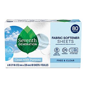 80-Count Seventh Generation Free & Clear Dryer Sheets $3.29 w/ S&S + Free Shipping w/ Prime or on $35+